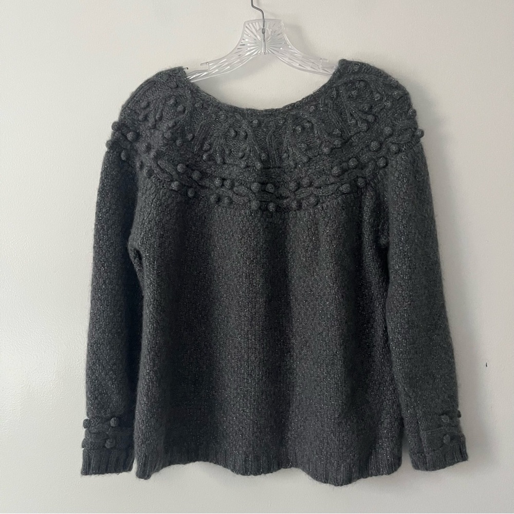 Garnet Hill Shimmering Cable Knit Cashmere Bobble Sweater Gray Large